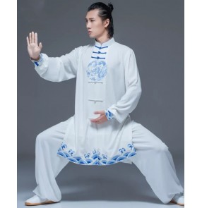 White with blue dragon Tai Chi clothing for unisex extended martial arts wushu performance suit women's embroidered competition suit